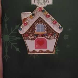 Holiday Time Gingerbread House Brooch - Brown, White, Pink, Blue